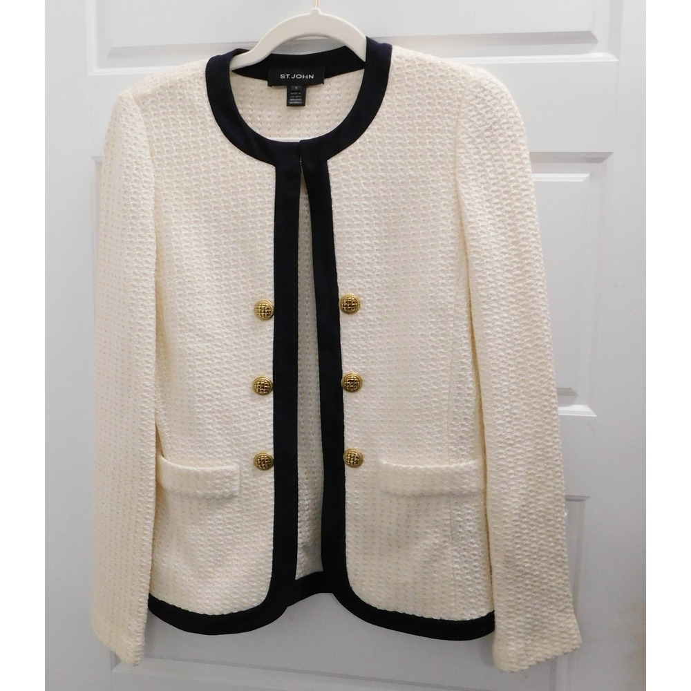 St. John Waffle Knit Jacket Ivory Textured Black Trim Sweater Blazer 2